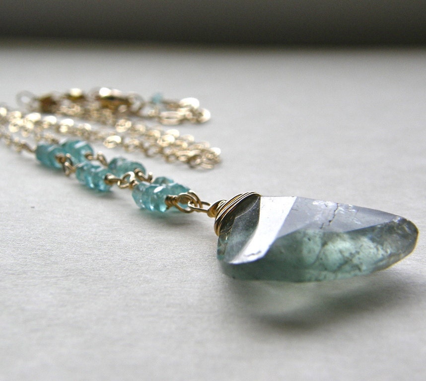 Moss Aquamarine Necklace, Apatite Necklace, Stone Pendant, Gold Necklace, Rustic Jewelry