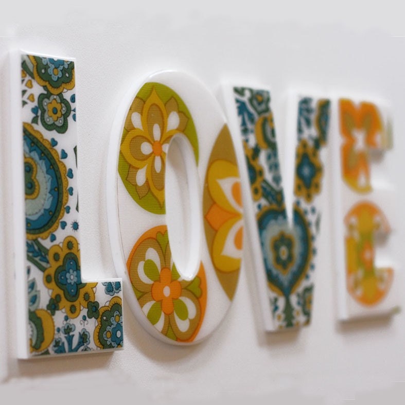 LOVE decor letters, wall feature inspirational word cyan-orange-retro
