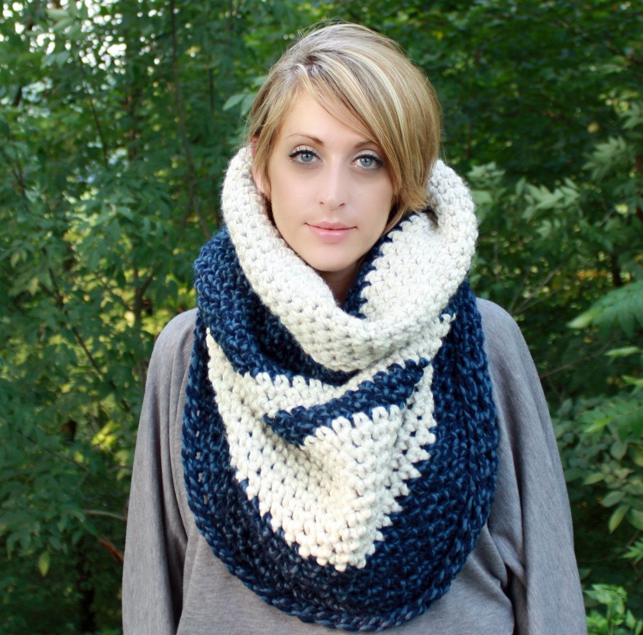 The Colossal Cowl.....Cowl/ Wrap/ Hood /Infinity Scarf in Denim Swirl and Wheat