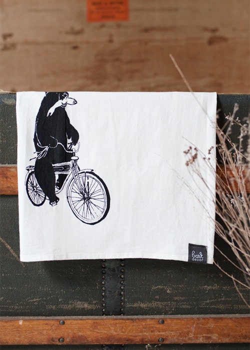 Comandeered by Wilderness - Screen printed Flour Sack towel Funny Humor Bear on bike Kitchen Dish Towel - by Bark Decor