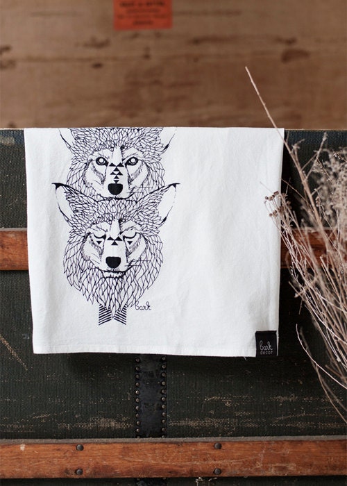 Wolf Totem - Hand Printed Flour Sack towel Wolf Wolves Kitchen Dish Towel - by Bark Decor