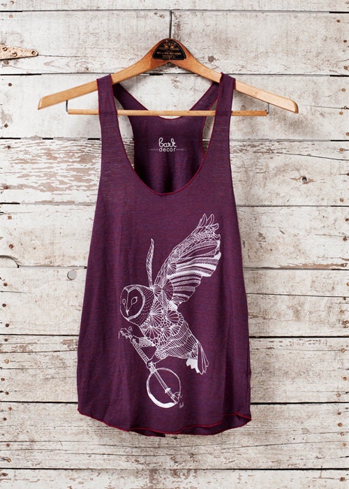 Ghost Banjo - womens owl tri-blend racer back jersey tank top - in Cranberry - by Bark Decor