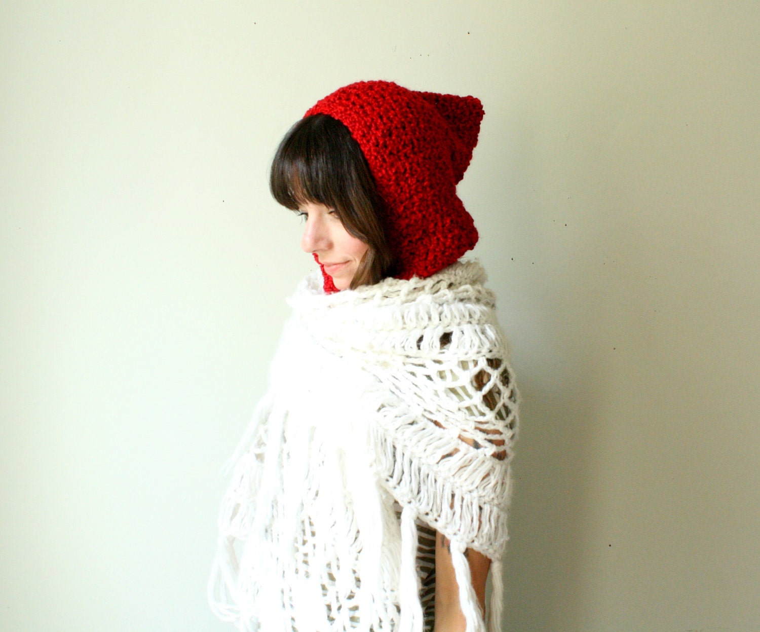 crochet hooded cowl for valentines day. hood scarf. little red riding hood. one size. open stitch and all seasonal. made to order in 3 days