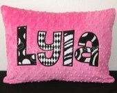 Hot Pink, Black and White Pillow - PERSONALIZED - Plush Minky - Appliqued with YOUR NAME in Your Choice of Fabrics and Colors