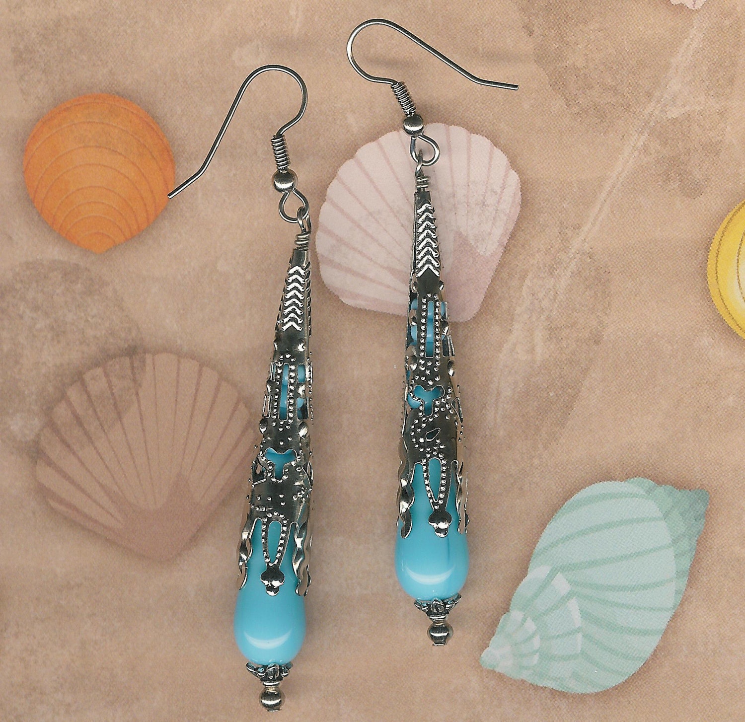 50% off SALE- Silver and Turquoise Glass Victorian Cone Earrings