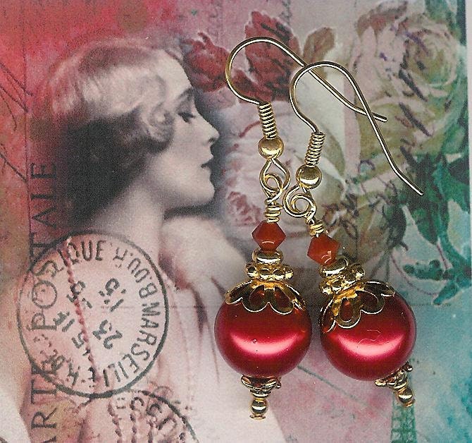 50% off SALE-Red Pearl & Austrian Swarovski Crystal Gold Julie Earrings