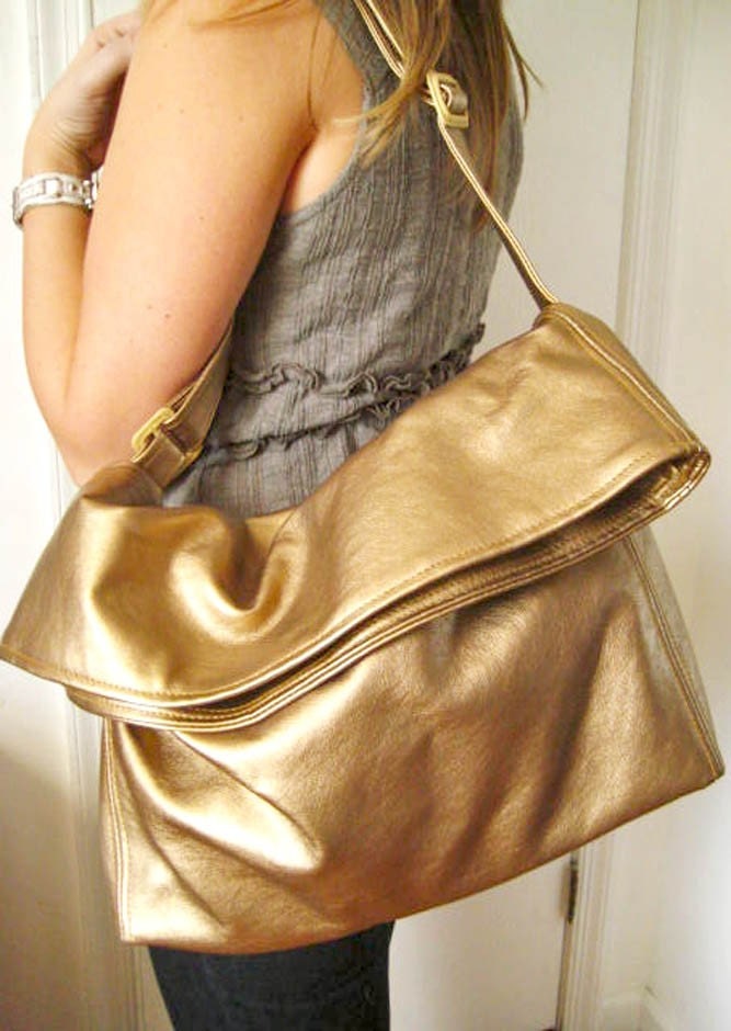 Metallic Gold Handbag, Faux Leather  Bag, Gold Crossbody Shoulder Bag