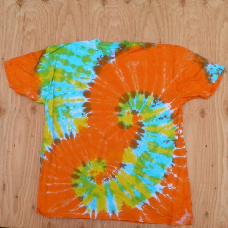 Blue and Green with Orange Double Spiral Tie Dye T-Shirt (Size XL) (American Apparel Organic Cotton 2001ORG) (One of a Kind)