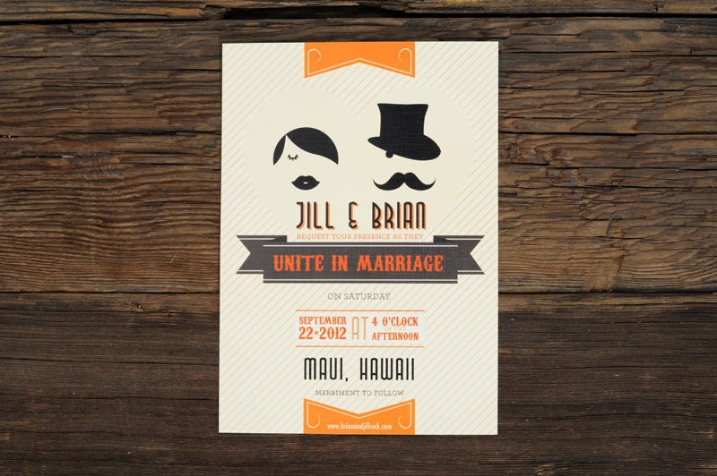Mustache Wedding Invitation - Vintage Circus Chic Themed Invite Set