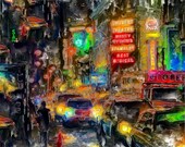 Broadway At Night Fine Art Photography - Digitally Painted and Sketched Photograph, Colorful Billboards, Reflections Off The Wet Sidewalk