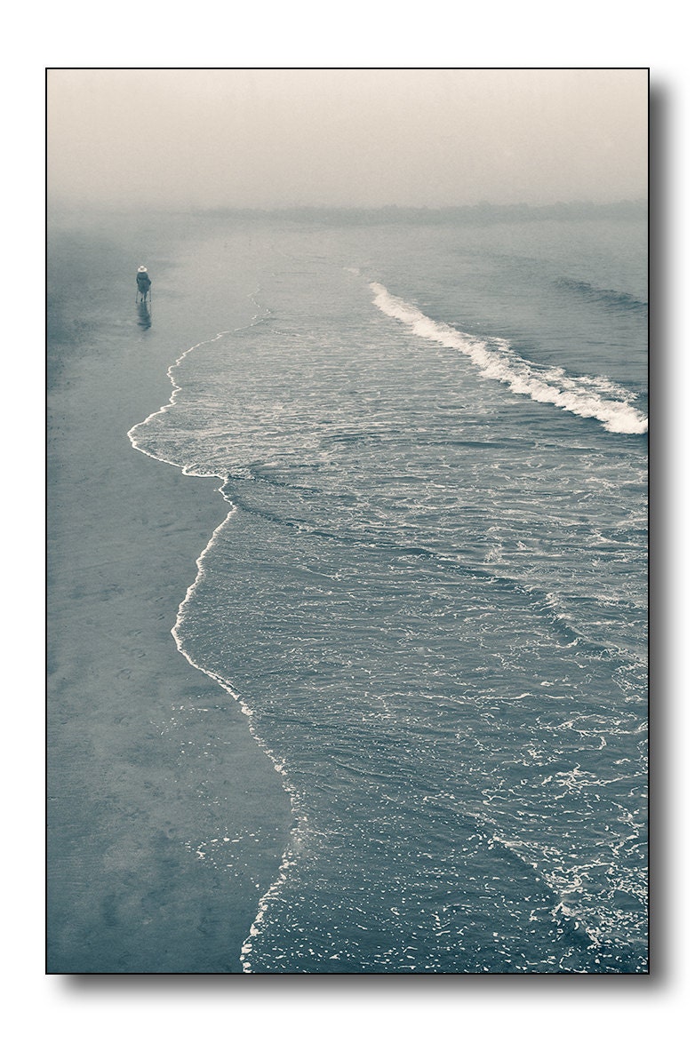 Walk On The Beach Fine Art Photography, Blue And Sepia Toned, Old Woman On The Waters Edge