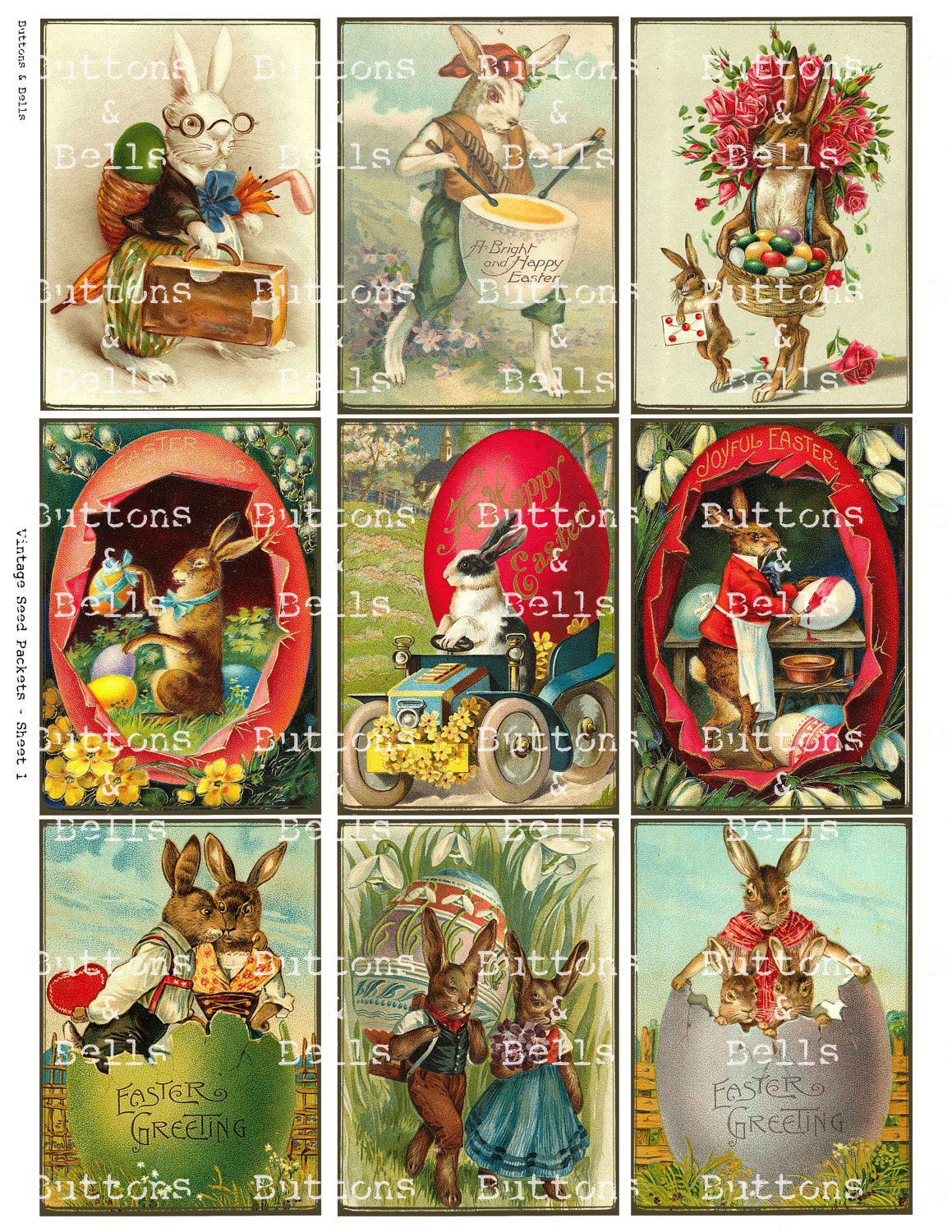 Digital Scrapbook -  Vintage Easter 1 -Ephemera - ATC - 2.5x3.5" - Rabbits - Eggs - Collage Sheet -EA4