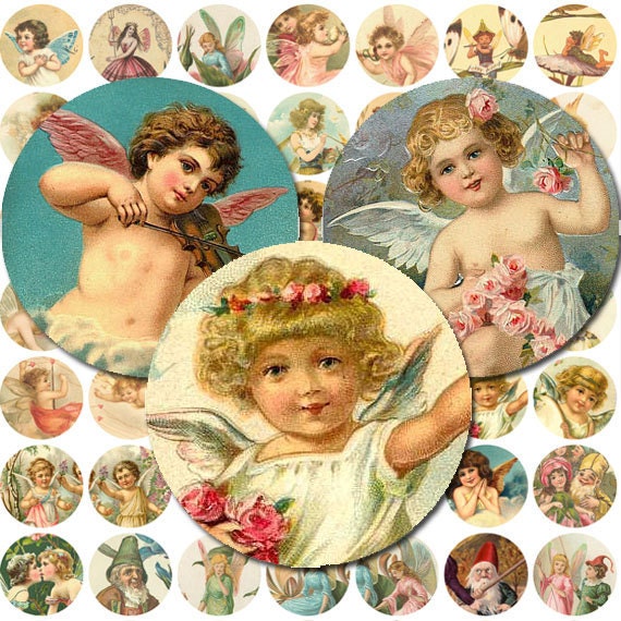 Digital Scrapbook -  Vintage fairies - Ephemera - 1 inch circles - Bottle cap - Collage Sheet