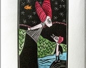 Unseen Fish - Hand colored linocut