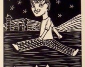 Leaping Leroy - black & white linocut