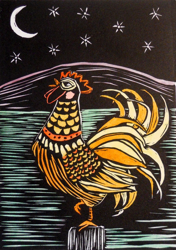 Howling Rooster - hand-colored linocut