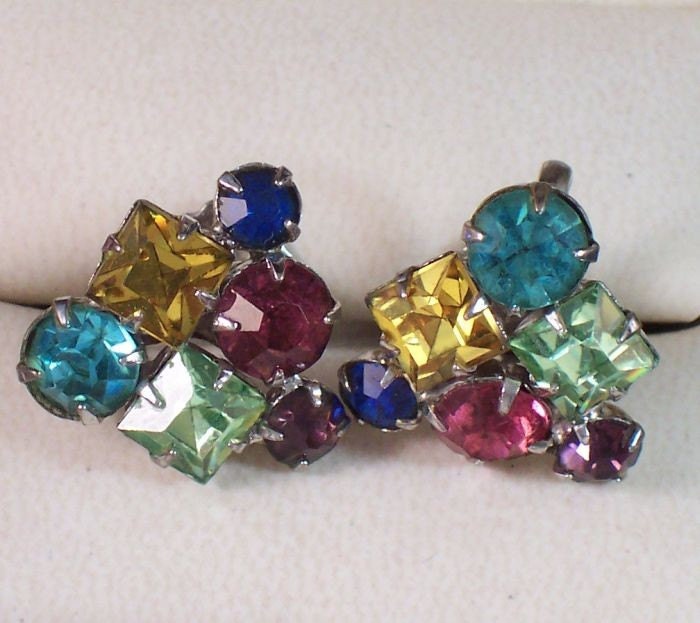 Vintage Multi-Colored Gem Rhinestone Screw Back Earrings
