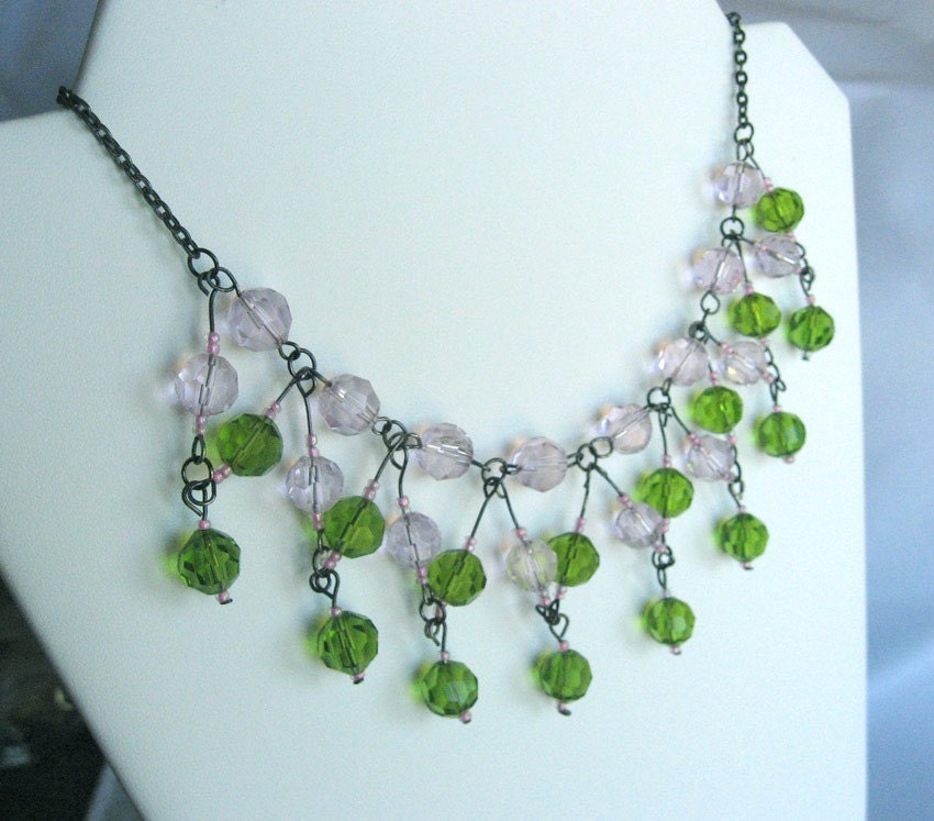 Vintage Glass Beaded Dangle Necklace - Green and Pink Beads with silver tone metal