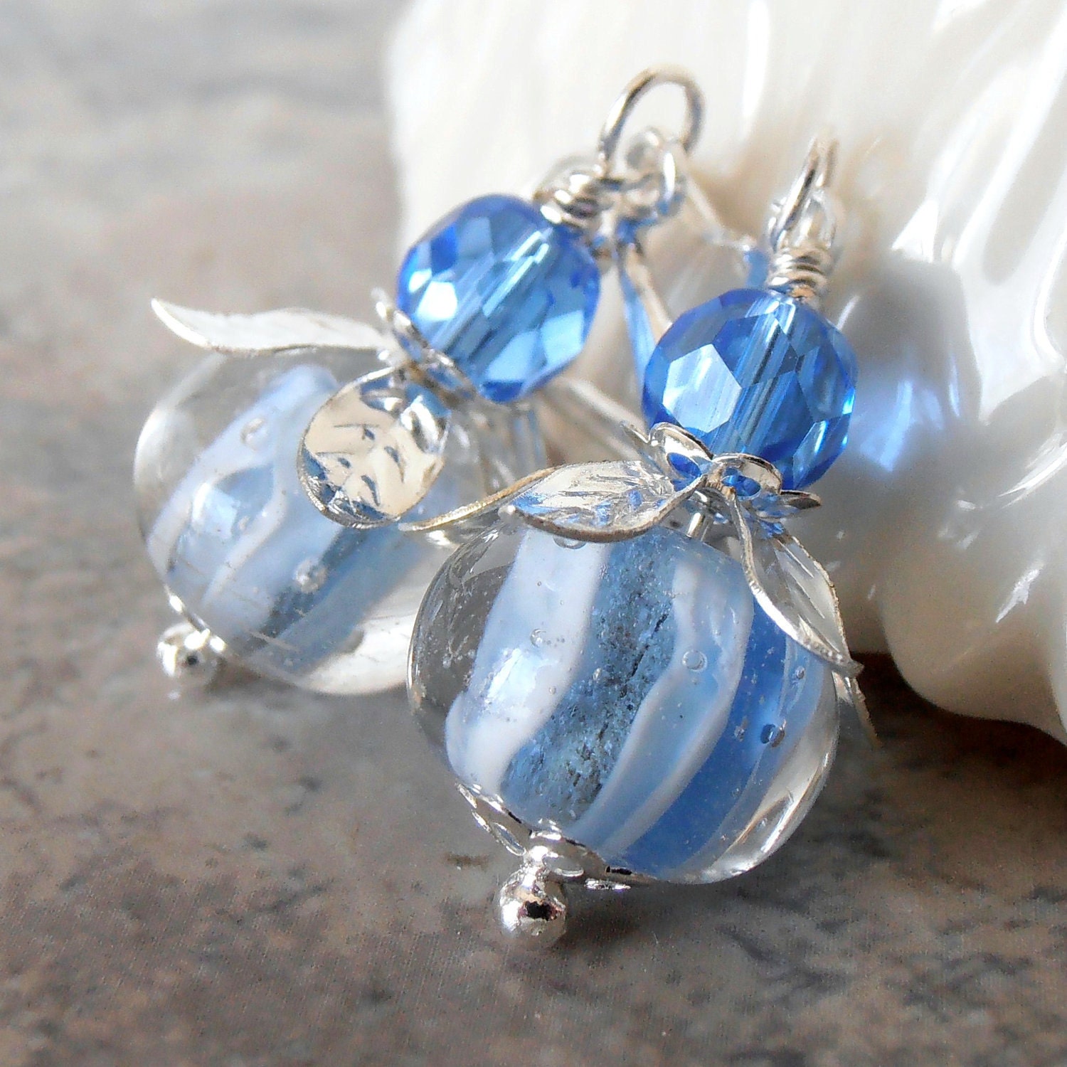Blue Bubble Lampwork Glass Bead Earrings Capri Blue and Silver Petal Beadcaps Swarovski Crystals Handmade Jewelry Lampwork Dangles