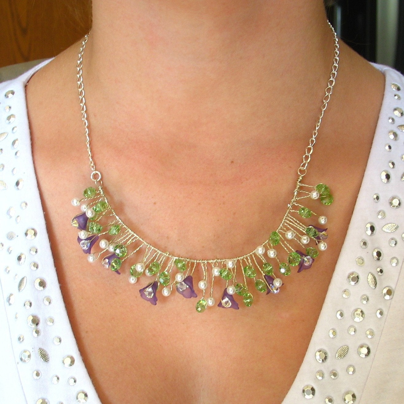 Purple Flower Beaded Wire Necklace Lucite Flower Jewelry Green Crystals White Pearls Floral Vine Handmade Jewellery