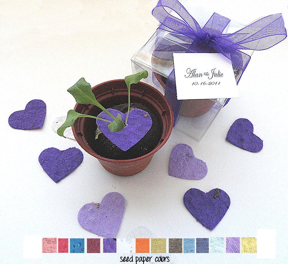 175 Flower Seed Wedding Favors -  purple lavender hearts personalized favor tags