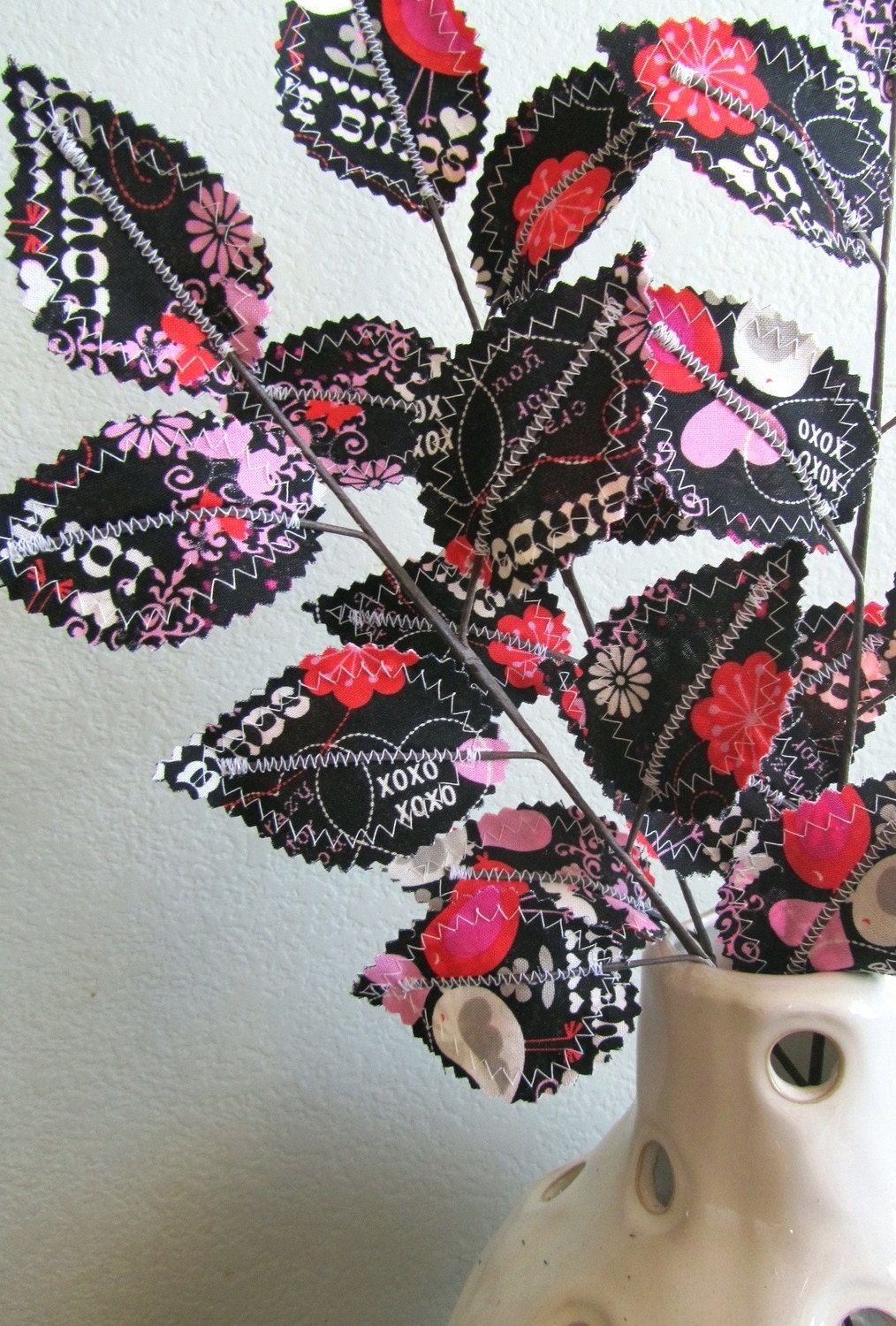Fabric Leaves - Love Bird Valentines Day Black White Red Pink Branches (set of 3)