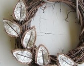 Fabric Leaf Wreath - Burlap Brown Linen Antique Handwriting Script Christmas Gift Idea - janejoss
