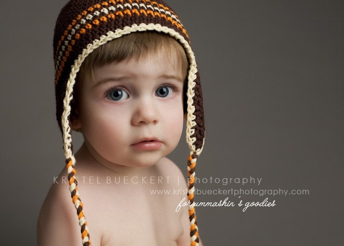 Baby Kids Earflap hat - Chocolate Brown, orange, cream, stripes,  2T-4T