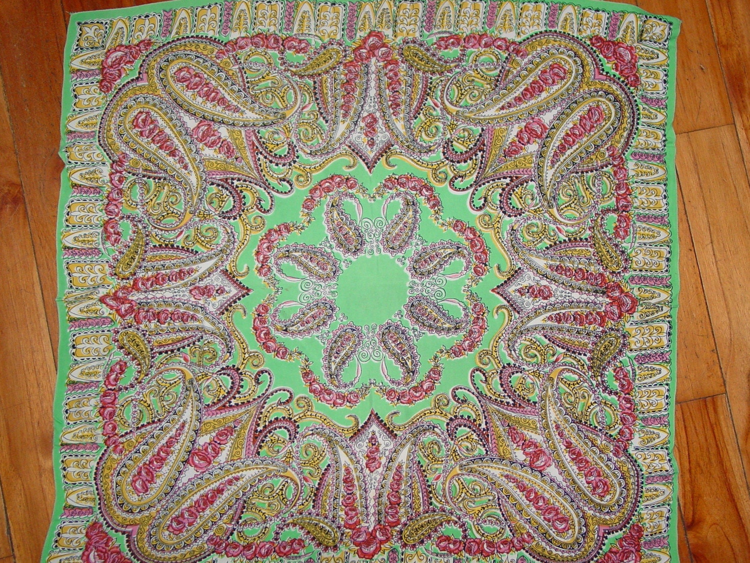 Vintage PAISLEY large square  mint toned  scarf\/shawl