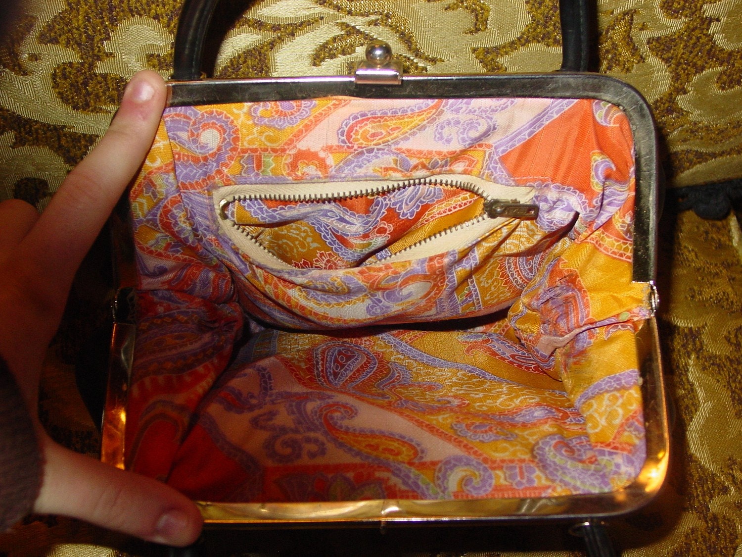 vintage GROOVY leather 1960s hand bag purse  with psychedelic print inside