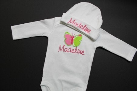 Applique Design and Personalized Newborn Onesie and Hat Set, Girl or Boy, Toddler and Baby Sizes