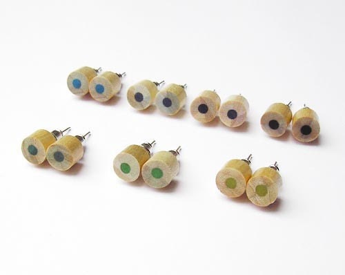 naked wood color pencil ear studs, green, blue and black series