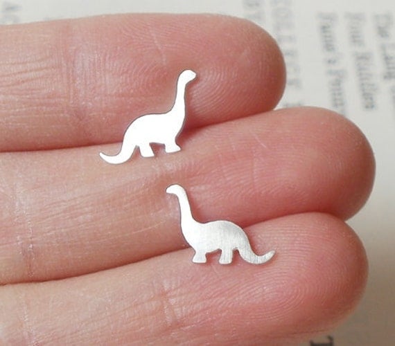 dinosaur earring studs in sterling silver, the brontosaurus version, handmade in the UK