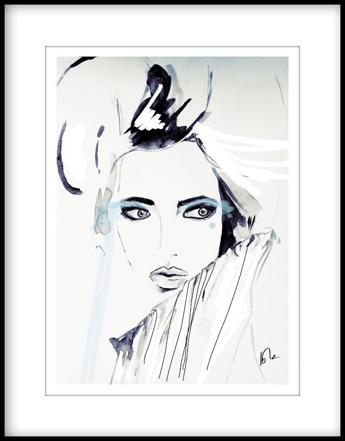 watercolor fashion illustration girl portrait blue navy