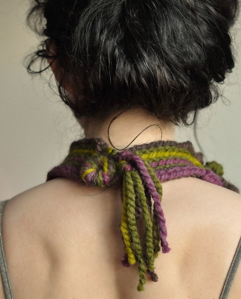 We Can Get Wild - freeform crocheted fiber necklace in brown, olive, purple, lemongrass shades - eco style