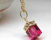 Ruby Crystal Necklace, Gold Filled, Fuchsia, Pendant, Wedding, Handmade Jewelry, July Birthday