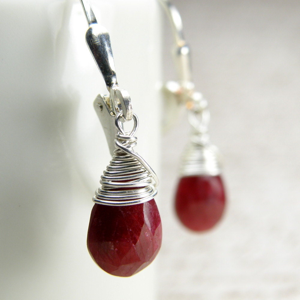 Ruby Earrings, Sterling Silver, Red Gemstone, Teardrop, Handmade Jewelry, July Birthday Birthstone