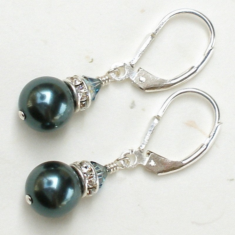 Pearl Earrings, Blue, Bridesmaid, Sterling Silver, Handmade Bridal Wedding Jewelry