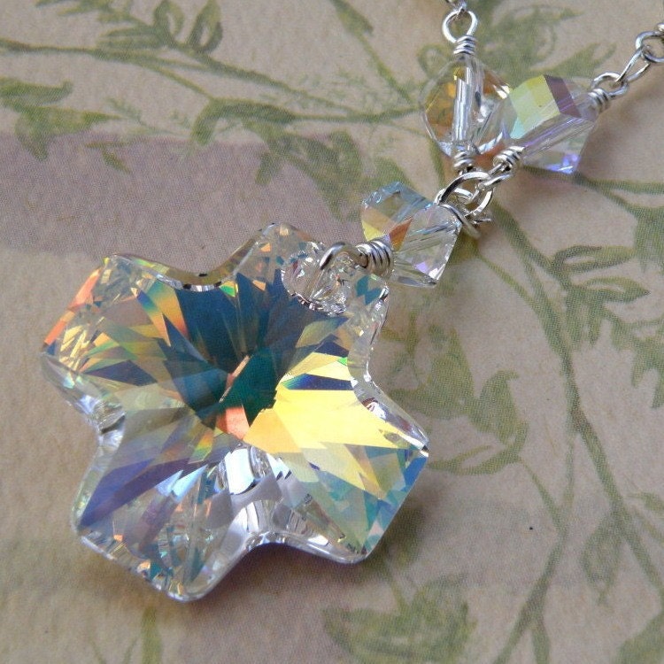 Crystal Cross Necklace, Swarovski Crystal Elements, Sterling Silver, Handmade Jewelry, Winter