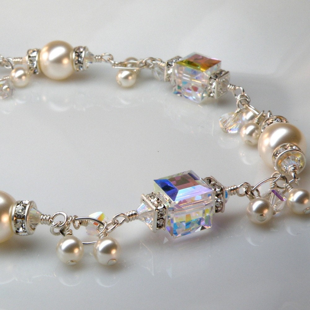Pearl and Crystal Bracelet, Sterling Silver, Wedding Jewellery,Modern Bride, Handmade Bridal Jewelry, June Birthday