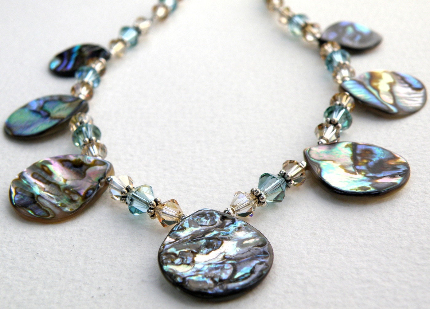 Green Abalone Shell Necklace, Paua, Teardrop, Strand, Sterling Silver, Handmade Jewelry, Beach, Ocean, Summer Fashion