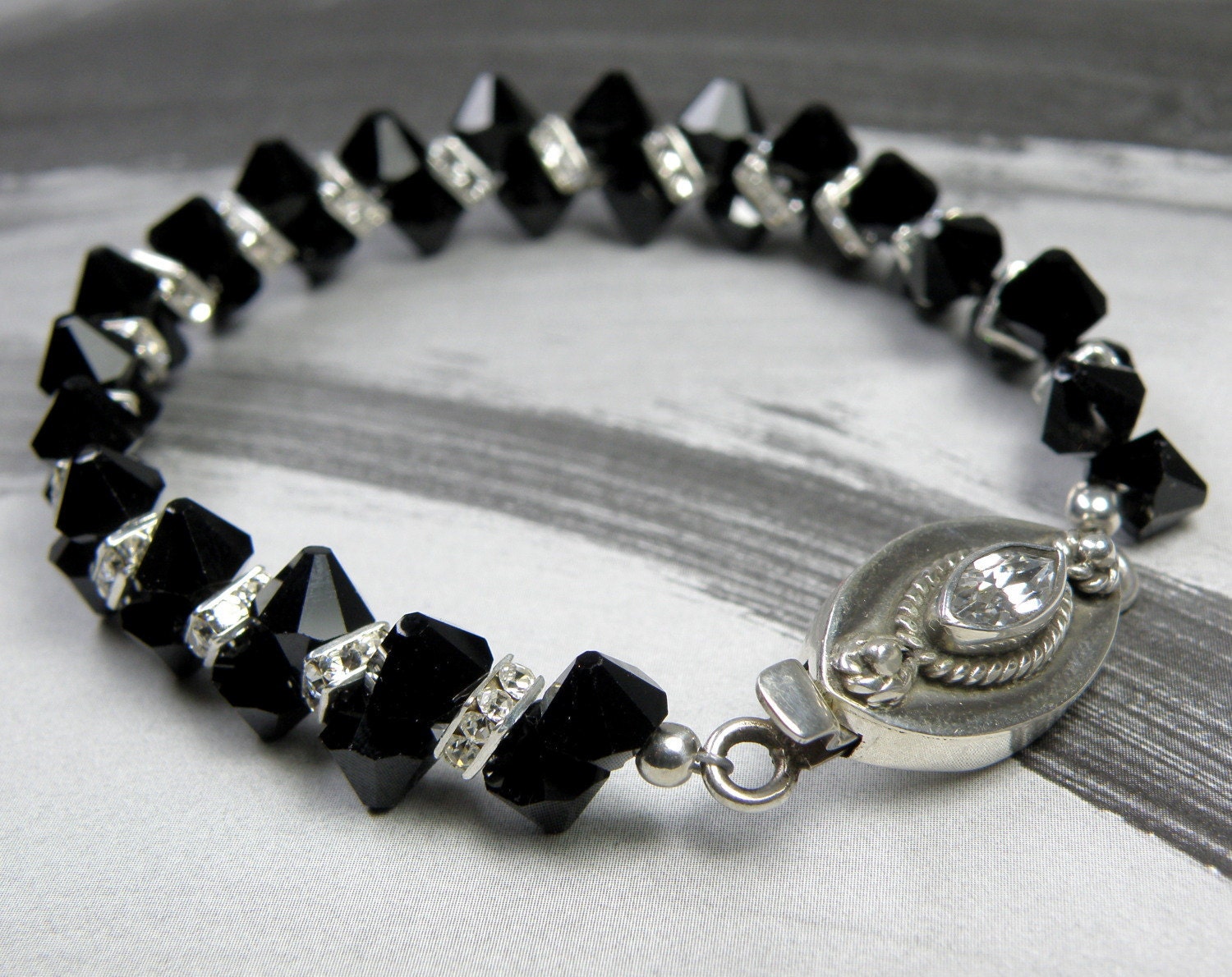 Black Onyx Crystal Tennis Bracelet, Silver, Rhinestone, Swarovski, Wedding, Handmade Jewelry