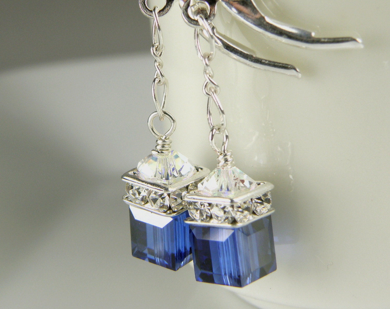 Navy Blue Crystal Earrings, Petite, Cube, Silver, Drop, Bridesmaid, Wedding, Bridal, Handmade Jewelry, Fall Fashion