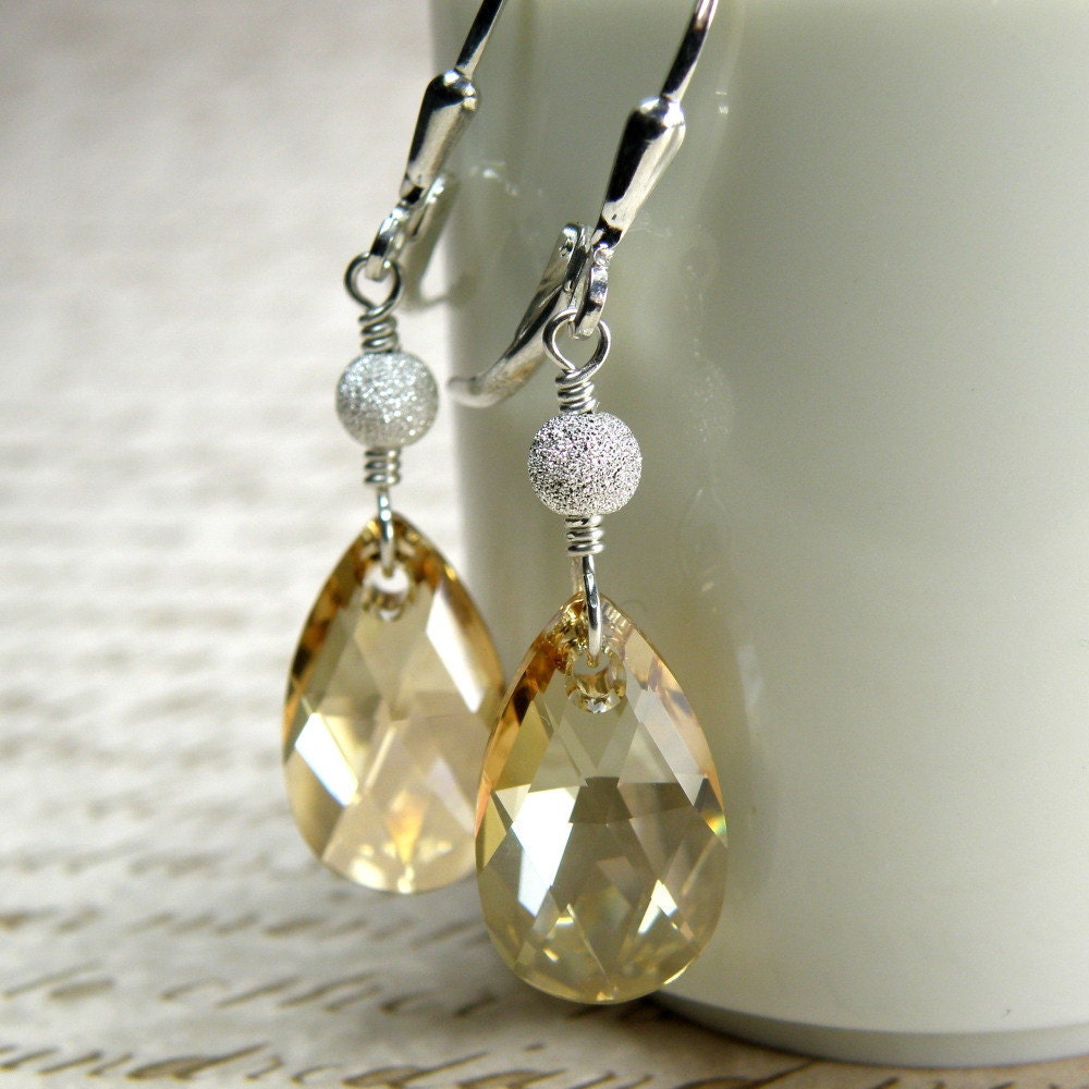Champagne Crystal Earrings, Dangle, Tear Drop, Sterling Silver, Wedding, Bridal Party, Handmade Jewelry, Spring Fashion Jewelry