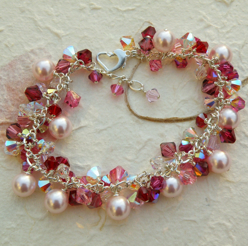Pink Pearl Bracelet, Swarovski, Ruby and Rose Crystal, Sterling Silver, Wedding, Handmade Valentine Jewelry