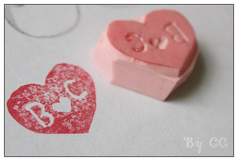CUSTOM Love heart with your own initials -- Hand Carved Rubber Stamp