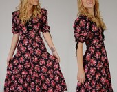 Vintage FLORAL Prairie Dress Black & Pink Peasant XS/S