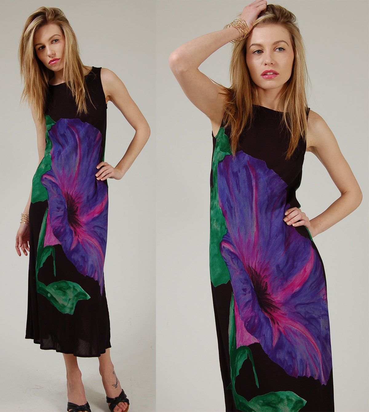 Vintage 80s FLORAL Shift Dress Black with Purple MORNING GLORY Watercolor Print Maxi Small