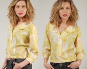 Vintage 50s Blouse YELLOW Floral Print w/ PETER PAN Collar