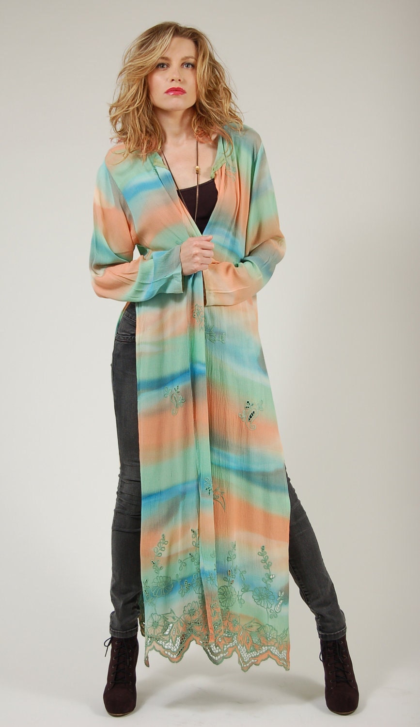 Vintage 80s RAINBOW Duster Pastel WATERCOLOR Embroidered Festival Jacket